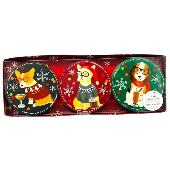 Molly & Rex Other - Molly & Rex Set of 12 Round Christmas Coasters Drinking Dogs Design